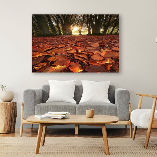 Zonlicht door herfstbos bladeren - Herfst canvaskunst - Wandkunst bladeren - Realisme - Woonkamer decoratie industrieel - Canvas schilderijen woonkamer - canvas 100x75 cm