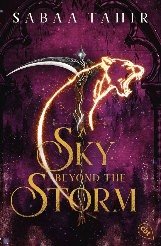 Boekomslag met een gouden katachtige en een zeis op een paarse achtergrond. Tussenkop: A Sky Beyond the Storm.