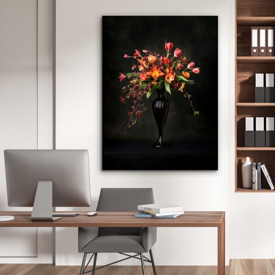 Aluminium schilderij 90x120 cm - Wanddecoratie metaal - Sierlijk - Boeket - Vaas - Metalen muurdecoratie woonkamer - Decoratie industrieel - Foto op dibond - Industriële accessoires slaapkamer
