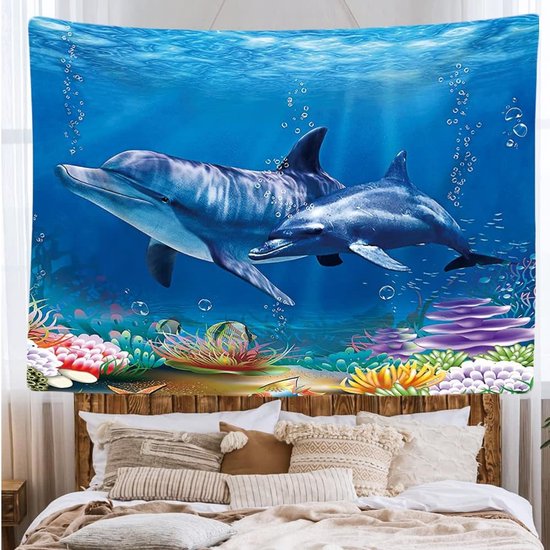 Ulticool - Dolphin Sea Coral Dolphins - Tapisserie - 200x150 cm - Groot tapisserie - Affiche