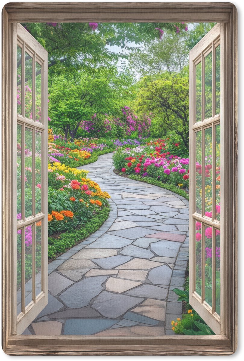 Muismat 18x27 cm - Mousepad Doorkijk - Bloemen - Tuinpad - Natuur - Raam - Muismatten