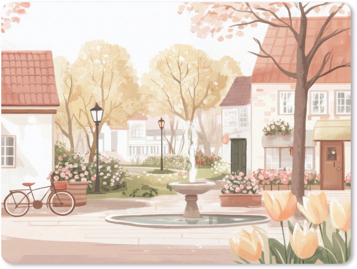 Muismat 23x19 cm - Mousepad Dorpsplein - Fontein - Tulpen - Muismatten