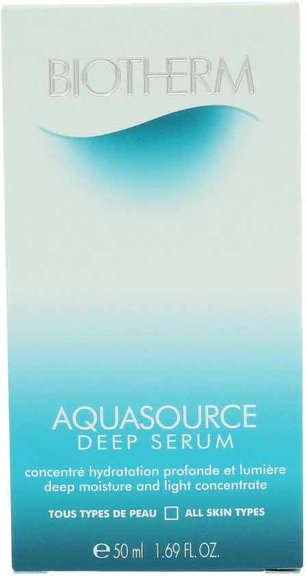 Biotherm Aquasource Deep Serum verpakking, met blauwe en witte aquarel-achtige gradient.