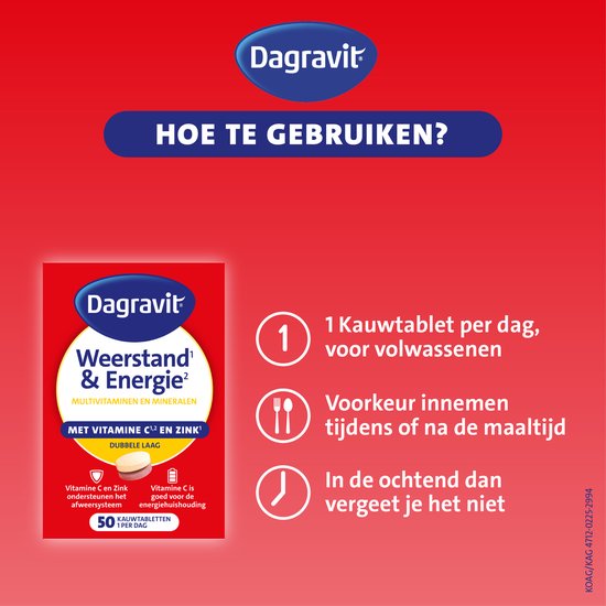 Verpakking Dagravit Weerstand & Energie met instructies: "1 Kauwtablet per dag" en "In de ochtend".
