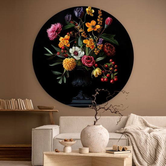 WallCircle® Wandcirkel 140x140 cm - Muurcirkel Sierlijk - Boeket - Bladeren - Muurdecoratie woonkamer - Wanddecoratie slaapkamer - Kamer decoratie accessoires - Ronde schilderijen