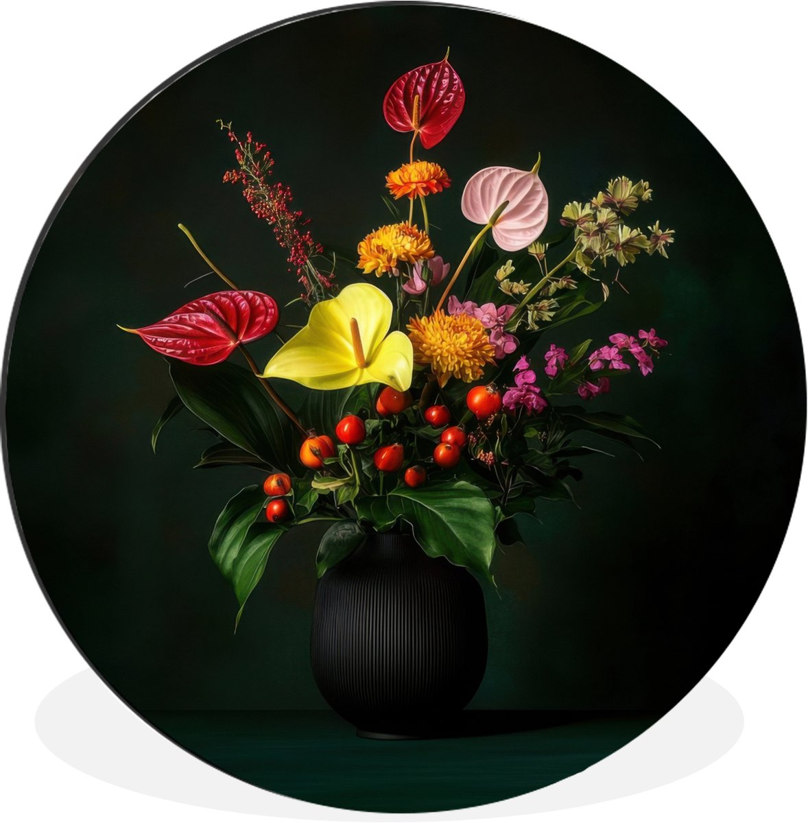 WallCircle Wandcirkel - Muurcirkel - Bloemen - Vaas - Zwart - Aluminium - Dibond - 30x30 cm - Binnen en Buiten Boeket - Bloemen 2