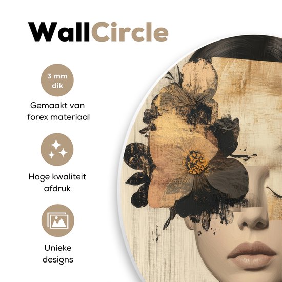 WallCircle® Cercle mural 60x60 cm - Cercle mural Visage - Fleurs - Zwart - Femme - Décoration murale salon - Décoration murale chambre - Accessoires de décoration de chambre - Tableaux ronds