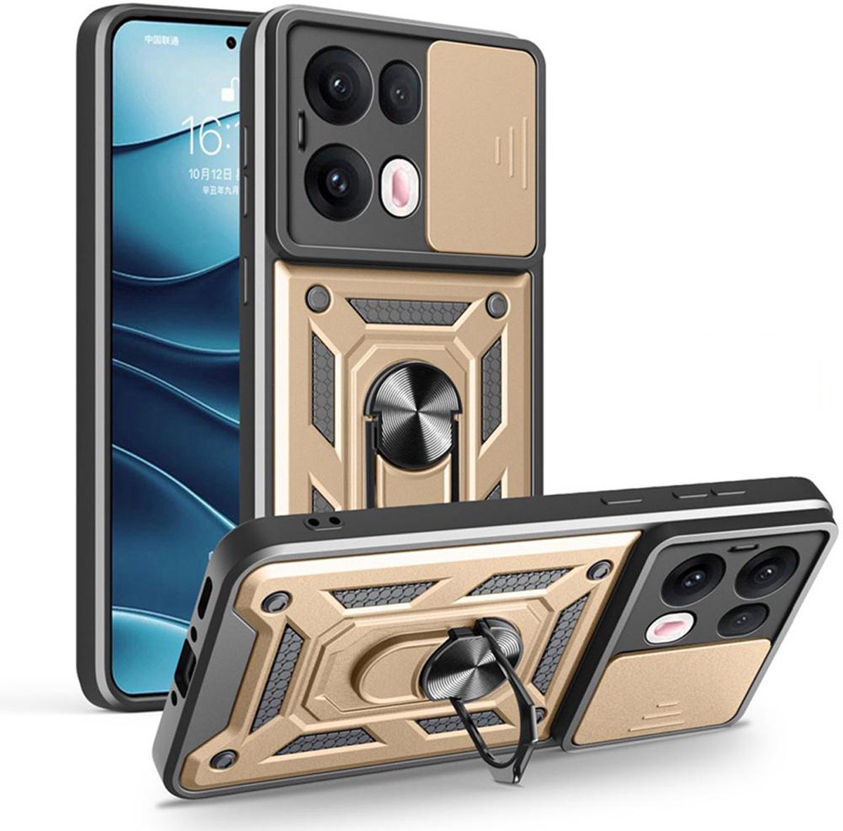 MobyDefend Hoesje - Geschikt voor Oppo Reno13 Pro - Pantsercase Met Draaibare Ring - Goud