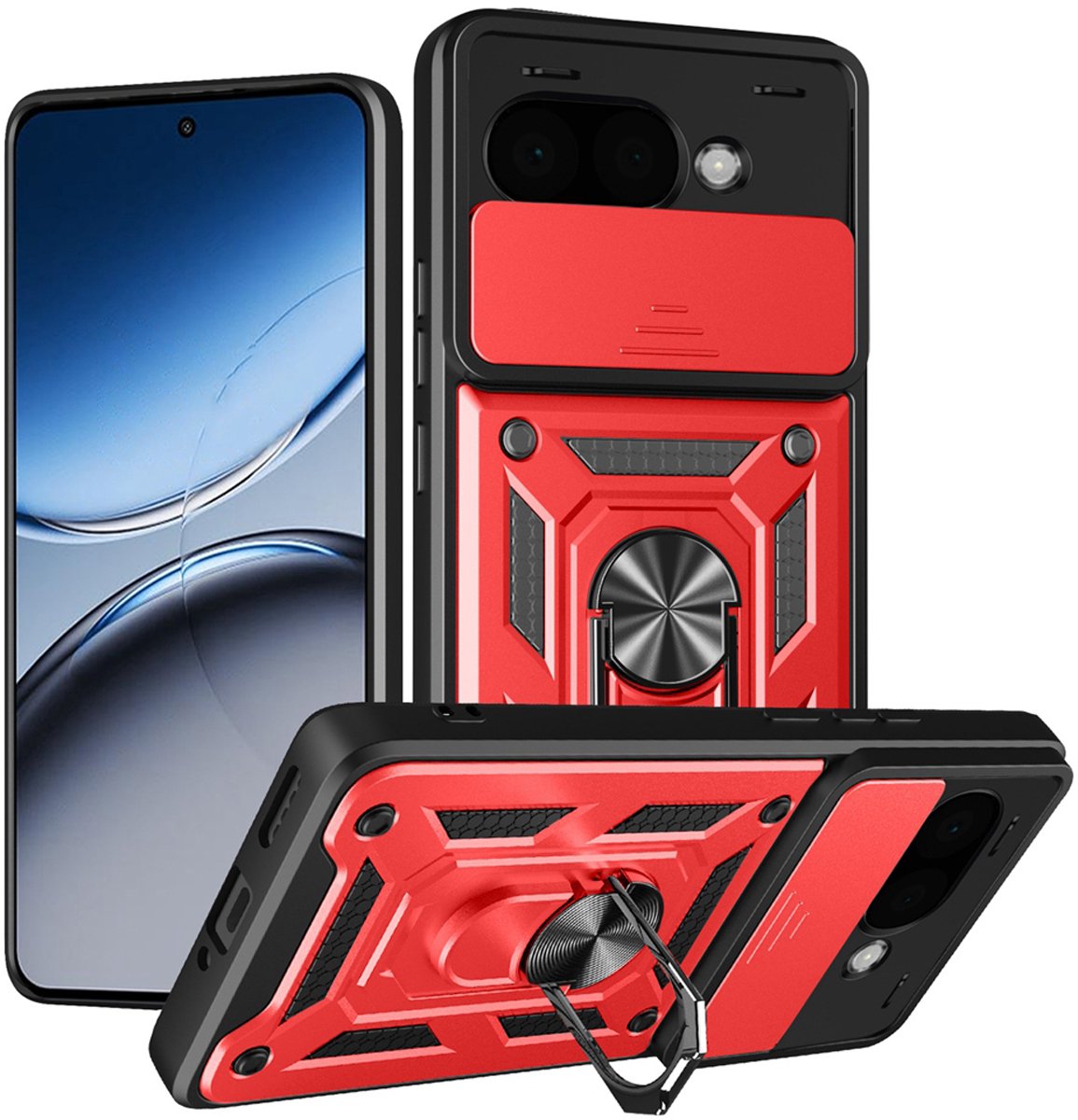 MobyDefend Hoesje - Geschikt voor Google Pixel 9a - Pantsercase Met Draaibare Ring - Rood