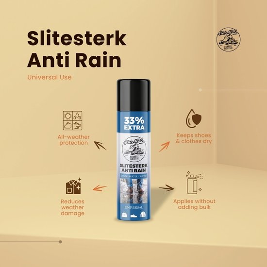 Spuitbus Slitesterk Anti Rain. Biedt bescherming tegen alle weersomstandigheden, houdt schoenen en kleding droog.