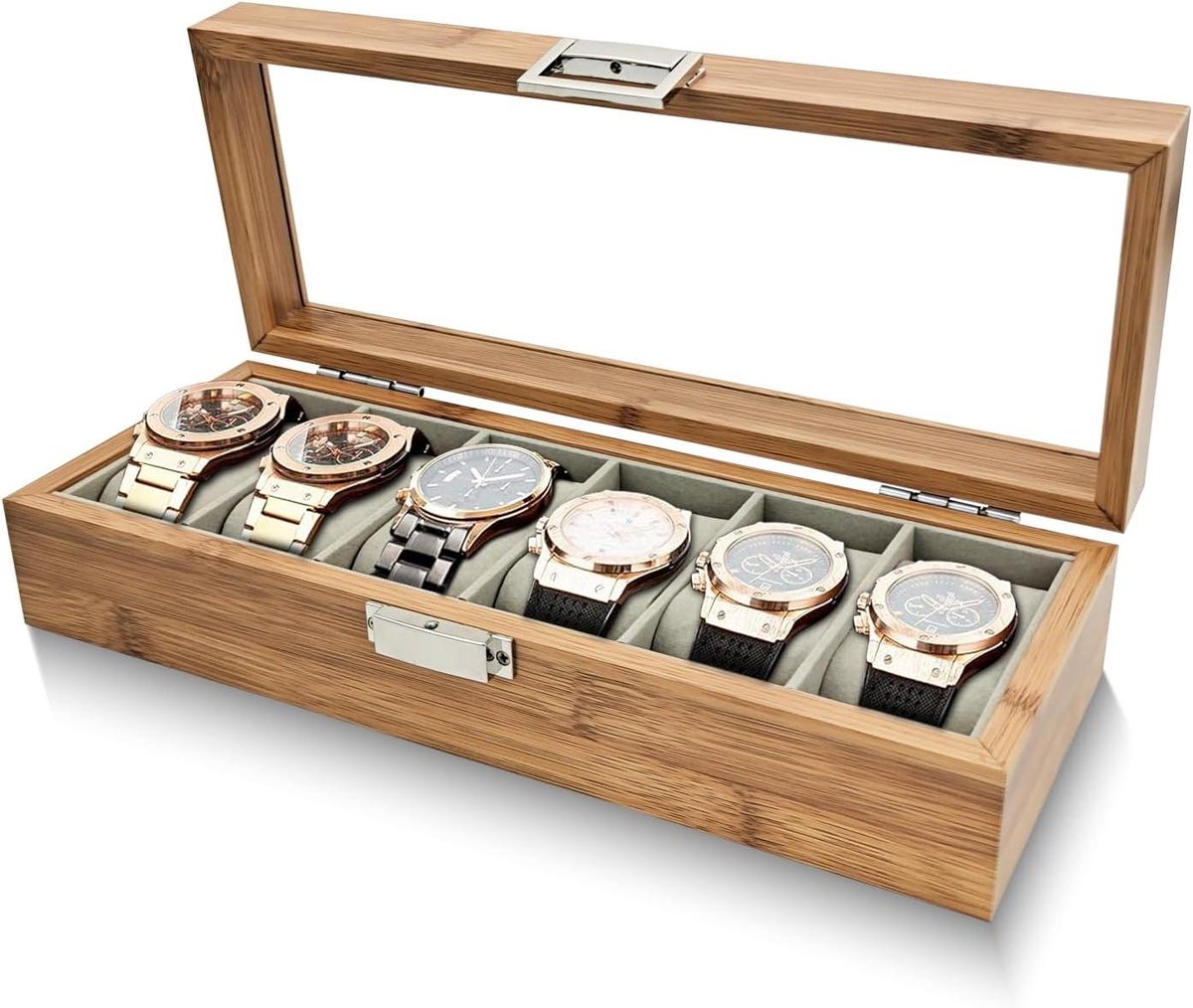 Houten horlogedoos met 6 sleuven en afneembare kussens - Retro opbergdoos voor horloges (bruin)