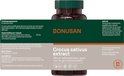 Donkerbruine fles met groen en grijs etiket waarop staat "Crocus sativus extract" en "Affron® saffraankrokus, goed voor de gemoedstoestand".