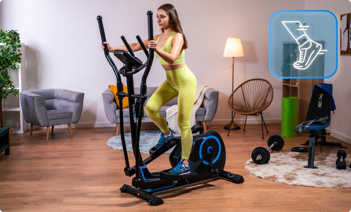 Afbeelding 2 van THUNDER® Crosstrainer | ZEPHYR | Elliptische Trainer | Elektromagnetisch | 32 Weerstandsniveaus | 24 Programma’s | Bluetooth & USB | Tablethouder | Hartslagsensor | Antislip Pedalen | Max. 150 kg | Voor Thuisgebruik |
