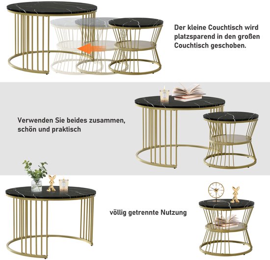 Set de 2 tables basses rondes 70/45 cm, table basse à pieds multiples, plateau motif marbre, pieds en métal doré, convient pour salon, salle à café, séjour - Zwart Goud