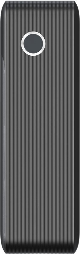 Zwarte powerbank met verticale ribbels, een ronde zilveren knop bovenop.