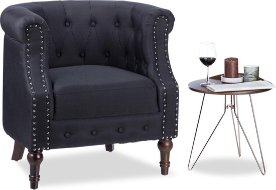 Maak avondeten camera pols relaxdays chesterfield fauteuil - leunstoel - stof - spijkerknoppen - retro  stijl - zwart | bol.com