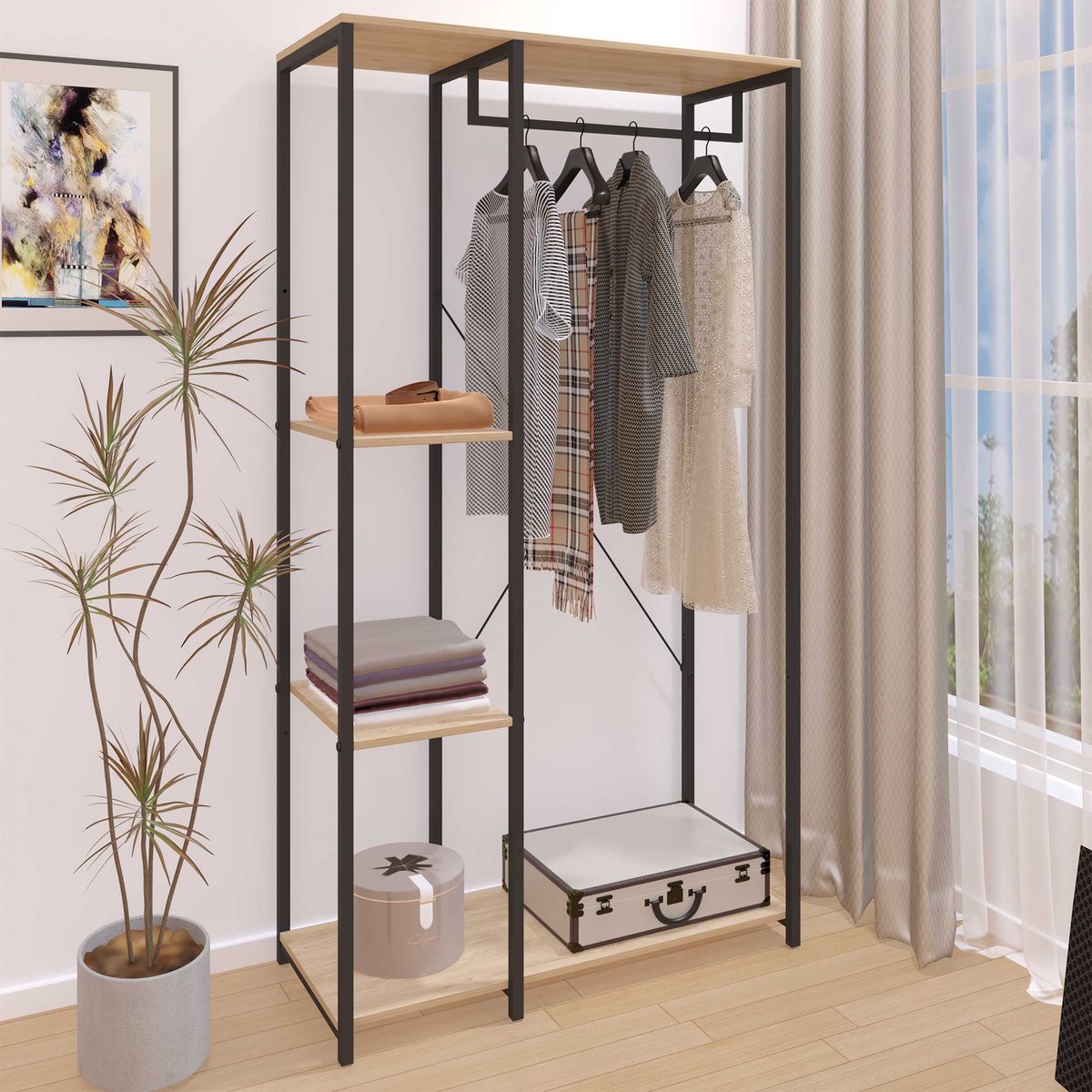 Kledingrek Alizee - 90x40x167cm Met Eikdecor En Zwarte Afwerking