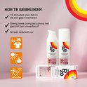 Flesje en doosje P20 Hyperpigmentation Defence SPF 50+ met oranje, gele en rode cirkels. Instructies voor gebruik met pictogrammen en tekst.