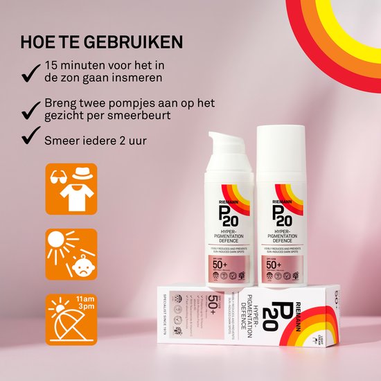 Flesje en doosje P20 Hyperpigmentation Defence SPF 50+ met oranje, gele en rode cirkels. Instructies voor gebruik met pictogrammen en tekst.