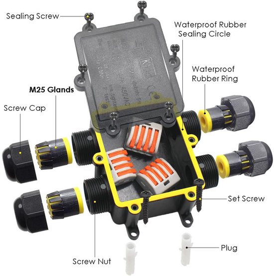Verdelerdoos, aansluitdoos, Junction Box, HUYU IP68 elektrische buitenverdelerdoos, aardkabel aansluitdoos, met M20 verstelbare kabelwartels, voor kabeldiameter 5 mm-12 mm, 2-weg