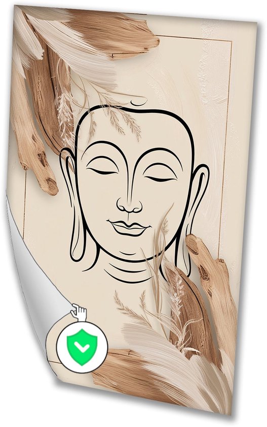 Serene Boeddha met natuurlijke details - Boeddha wanddecoratie - Poster gezicht - Lijntekening - Muurdecoratie industrieel - Decoratie woonkamer - poster 60x90 cm