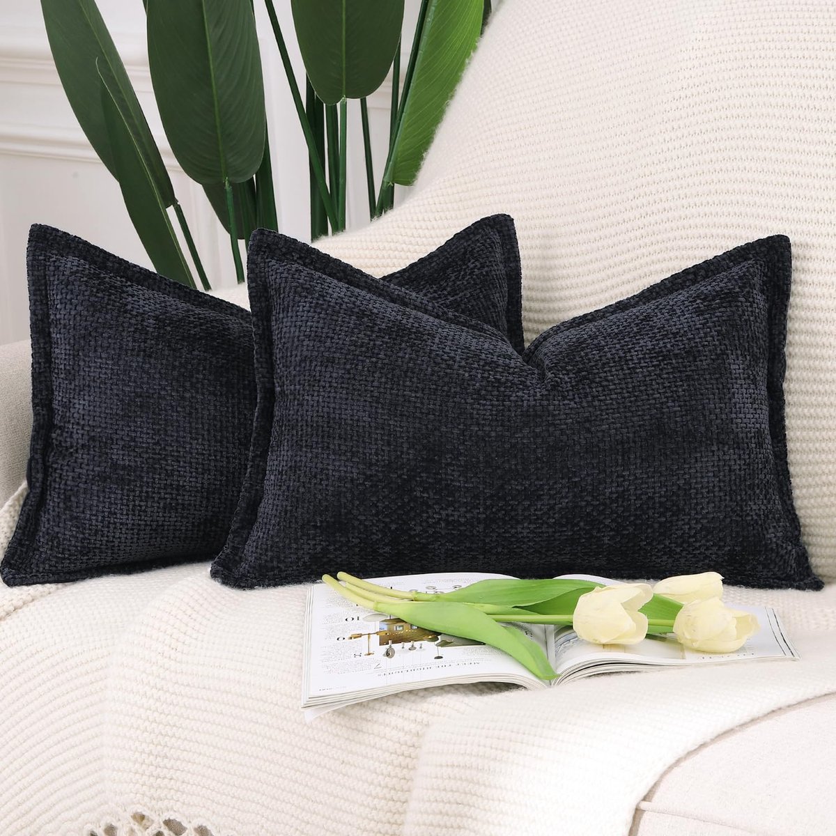 Ibenzoa Zachte Decoratieve Kussenhoezen Set van 2 Chenille Fluweel, Moderne Sierkussens voor Bank en Woonkamer, Zwart 40x80 cm
