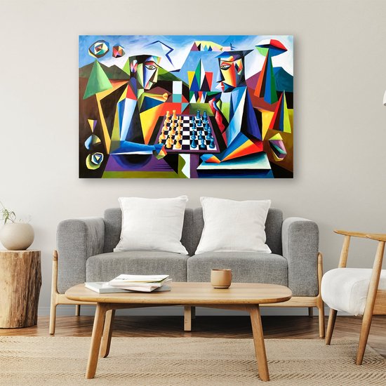 Kubistisch kleurrijk schaakspel kunstwerk - Schaken wanddecoratie - Wanddecoratie schaakbord - Kubisme - Wanddecoratie modern - Woondecoratie - poster 60x40 cm