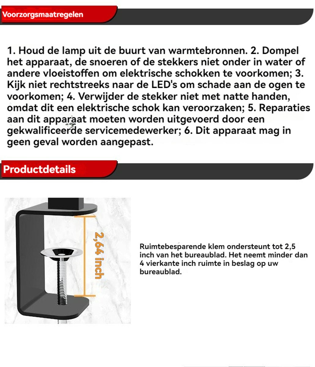 OnmiMartBureaulamp LED Dimbaar – Bureaulamp met Klem – Tafellamp – Hobbylamp – Ledlamp - Klemlamp - Afstandsbediening - Touch Screen-Verlichtingsbereik van 80 inch (ca. 203 cm)- Drievoudig opvouwbaar ontwerp- Verstelbare lamp voor grote schermen thumbnail 6