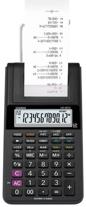 Zwarte Casio HR-8RCE rekenmachine, van voren gezien, met telrol en display.