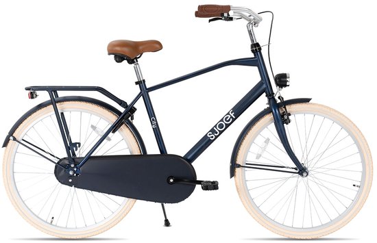Vélo enfant bleu mat avec selle et poignées marron, jantes beige et porte-bagages.
