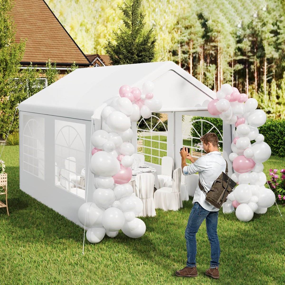 Aufun Partytent Paviljoen 3x4m Metalen Paviljoen Tuinpaviljoen met Zijpanelen Waterdichte Tuintent Pergola voor Feest, Marktkraam, Tuin Buiten Camping, Wit
