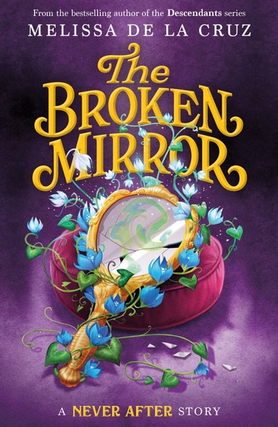 Boekhoes met de titel 'The Broken Mirror' in gele letters, met een gebarsten spiegel met blauwe bloemen en ranken op een paarse achtergrond.