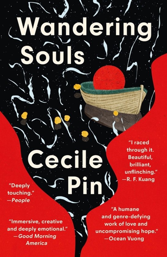 Couverture du livre 'Wandering Souls' par Cecile Pin, avec un petit bateau sur l'eau sombre.