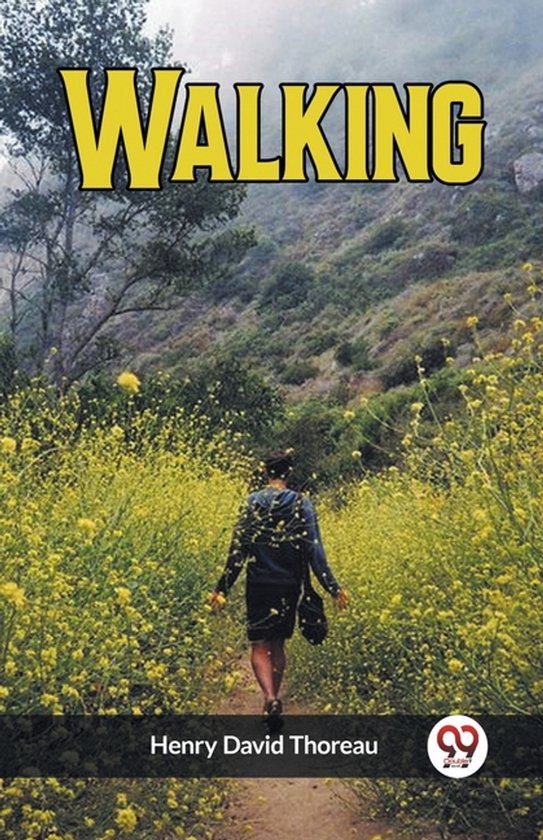 Un homme, dos à la caméra, marche sur un sentier à travers des fleurs jaunes épanouies, avec des collines en arrière-plan. "WALKING" est écrit en haut.