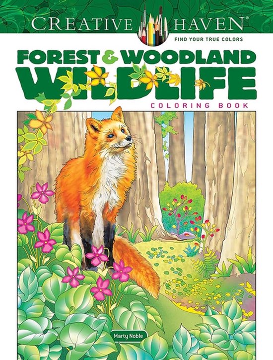 Livre de coloriage 'Creative Haven Forest & Woodland Wildlife' avec un renard au centre, entouré de fleurs et d'arbres.