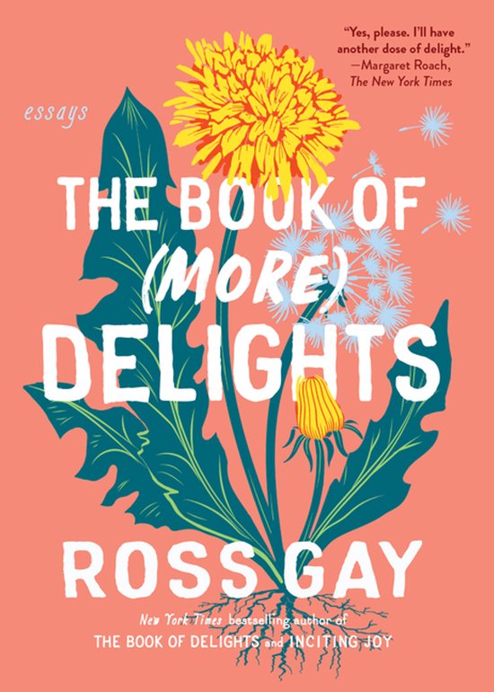 Boek 'The Book of (More) Delights' met een illustratie van een gele paardenbloem, blauwe bladeren en een knop.
