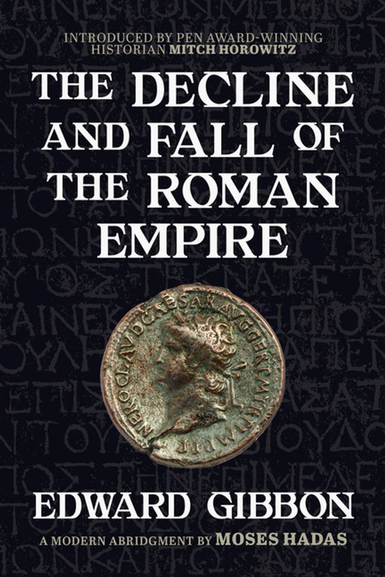 Couverture du livre : "The Decline and Fall of the Roman Empire" par Edward Gibbon, avec une pièce romaine au centre.