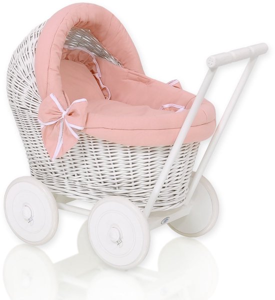 e-wicker24 Poppenwagen van wilgentenen met beddengoed perfecte cadeau-idee Wilgenpoppenwagen mooi Speelgoed van vlechtwerk Mandwagen voor poppen Speelgoed voor meisjes (Baby Blue