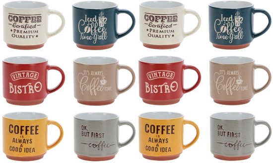 Tasses à café Siaki - Lot de 12 pièces - Faïence - Finition brillante - 260 ml - Tasses à thé