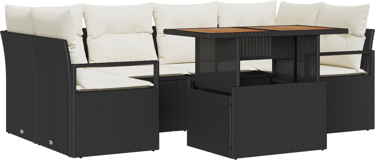vidaXL - Tuinbank - Set - met - kussen - 7 - pcs - Zwart - en - crème