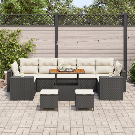 vidaXL - Tuinbank - Set - 10 - st - 9-zits - Zwart - en - Crème - poly - rattan