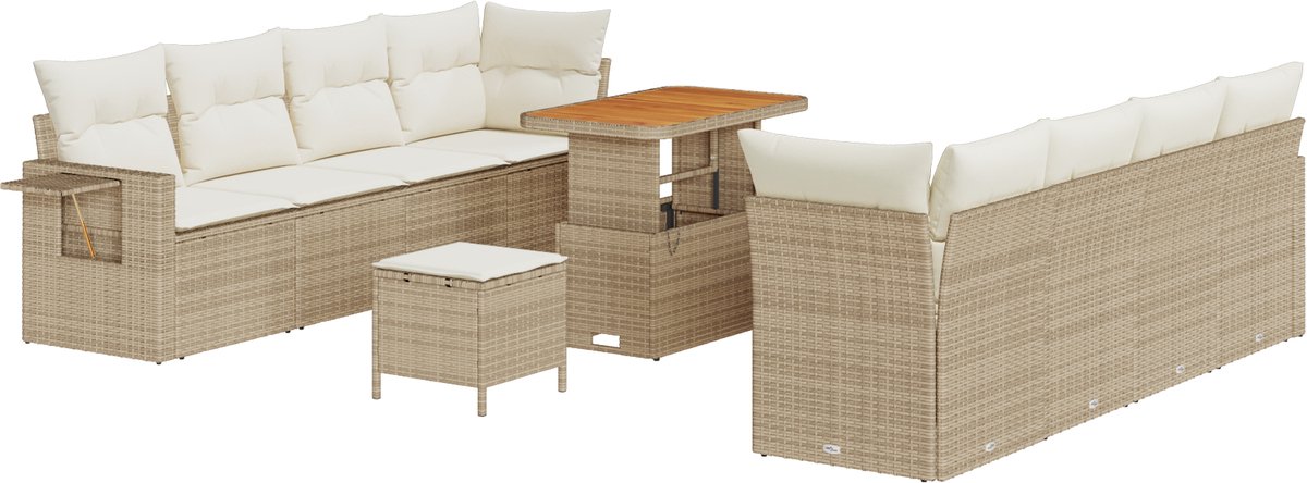 vidaXL - Tuinbank - Set - met - kussen - 11 - pcs - Beige - en - Crème - poly - rattan