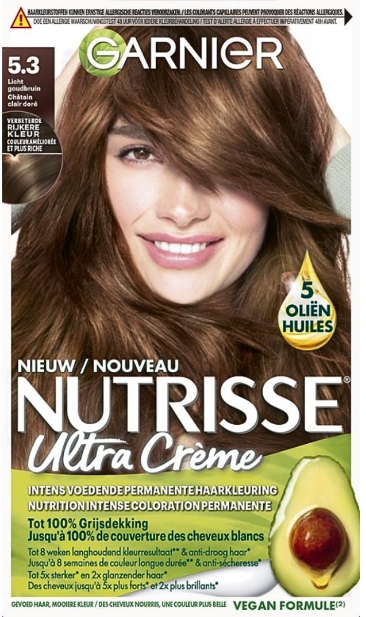 1 x Garnier - Nutrisse Ultra Crème 5.3 - Haarkleuring - Licht Goudbruin - Intens Voedend - Permanente Kleur - Haarkleur - Haarverf - Voedende Haarkleuring - Permanente Kleur - Grijsdekking