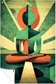 Meditatie, Kubisme, Boeddha, Groen, oranje, geel, zwart, beige