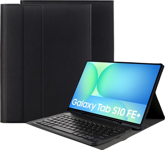 Zwarte tablethoes met een Samsung Galaxy Tab S10 FE+ en toetsenbord.
