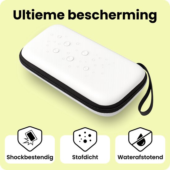 Witte hardcase hoes met waterdruppels, die shockbestendig, stof- en waterafstotend is.