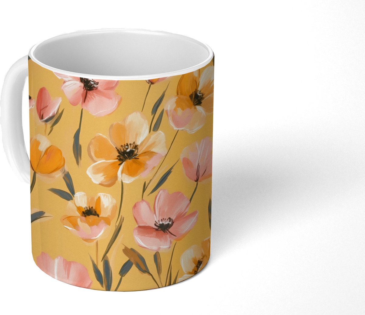 Mok - Koffiemok - Bloemen - Geschilderd - Geel - Mokken - 350 ML - Beker - Koffiemokken - Theemok