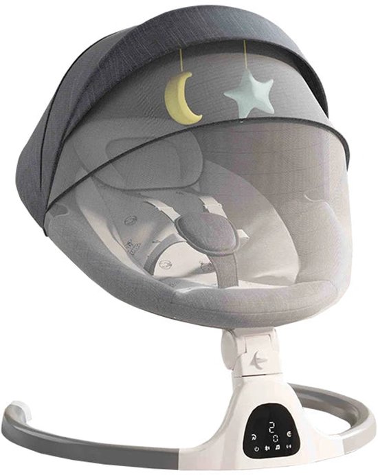 Grijze elektrische babywipper met een kap met maan en sterren op een witte achtergrond.