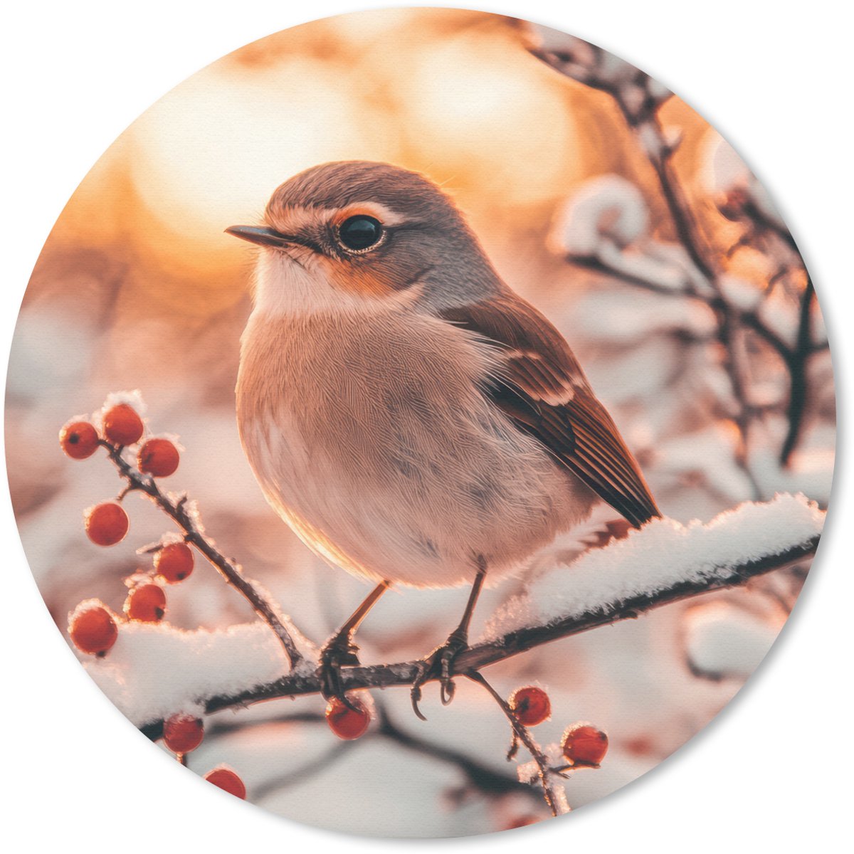 Muismat rond 50x50 cm - Mousepad Vogel - Tak - Winter - Dieren - Sneeuw - Ronde muismatten