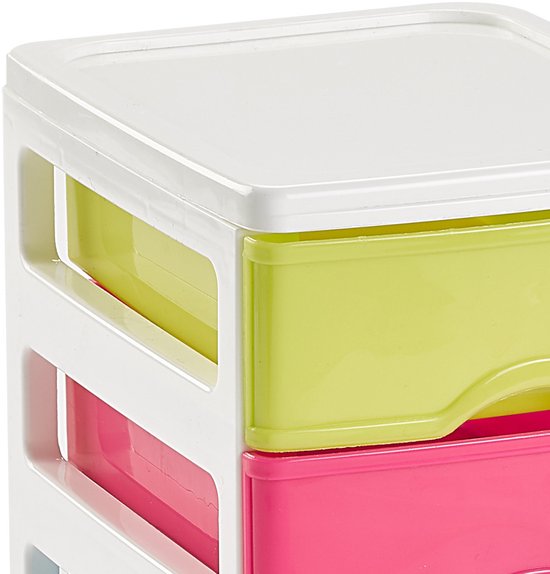 Boîte à tiroirs blanche avec trois tiroirs colorés : vert citron, rose et bleu clair. Couvercle blanc.